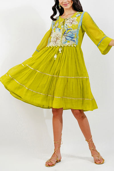 Lime green floral printed tiered dress