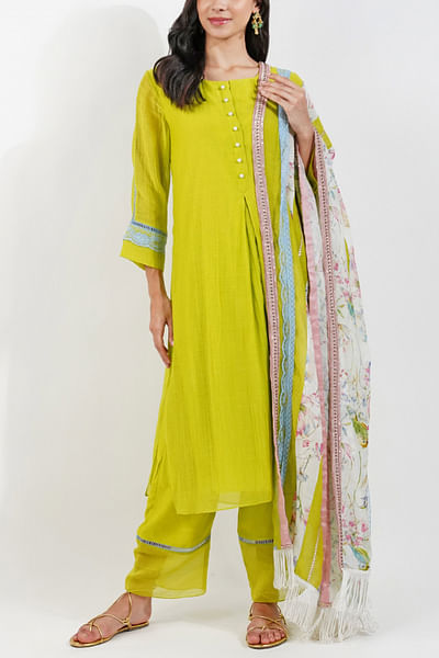 Lime green lace detail kurta set