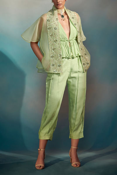 Lime green mirror embroidered cape set