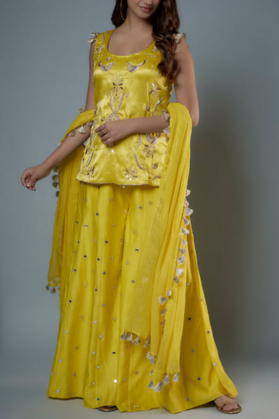 Lime green mirror embroidered sharara set