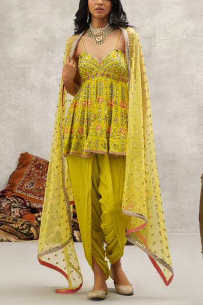 Lime green mirror embroidery peplum kurta set