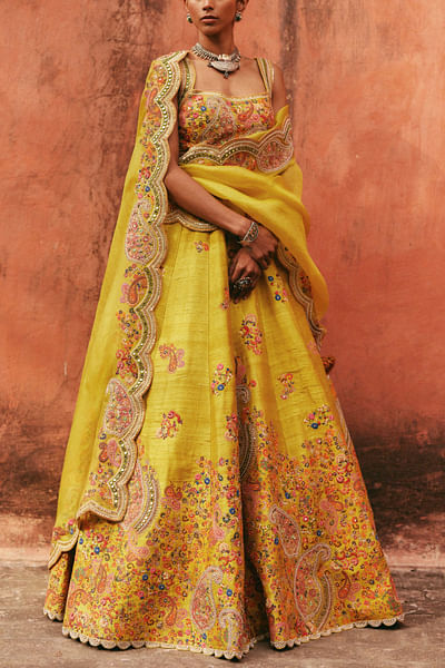 Lime green paisley embroidered lehenga set
