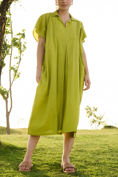 Lime green pleated cotton dress