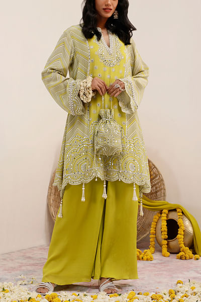 Lime green printed A-line kurta set