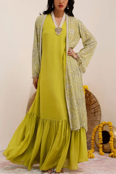 Lime green printed long jacket set