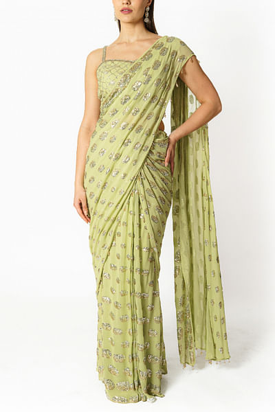 Lime green sequin work pre-stitched sari set