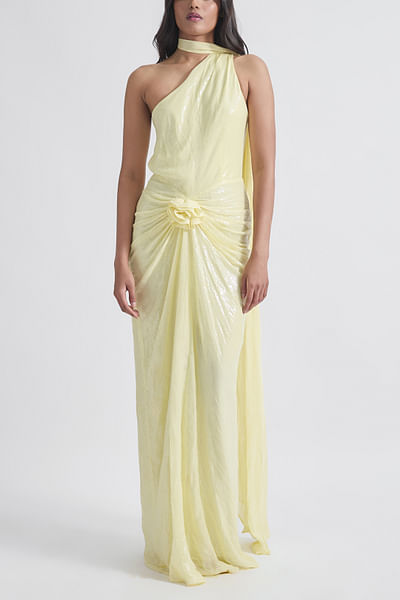 Lime yellow 3D rose detail draped sequin gown