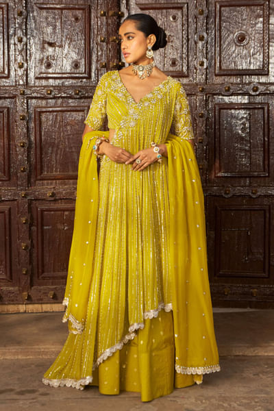 Lime yellow chanderi lehenga set
