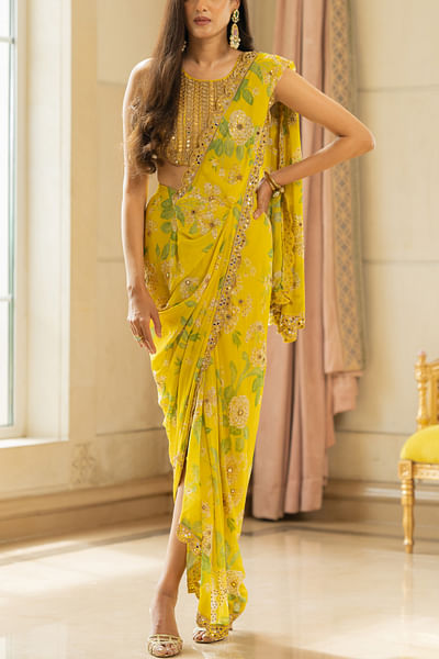 Lime yellow floral print pre-stitched sari set