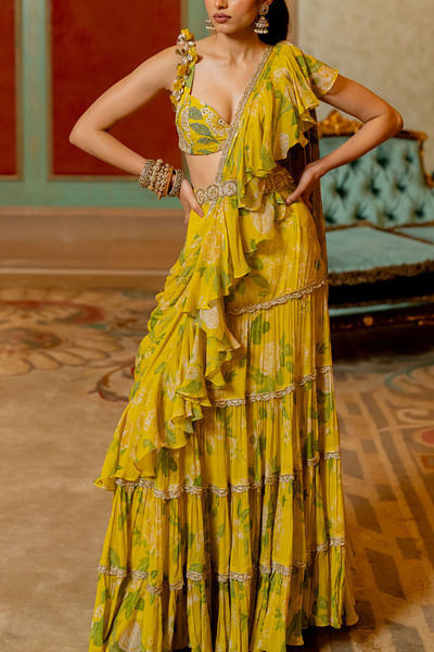 Lime yellow floral print ruffled draped sari set