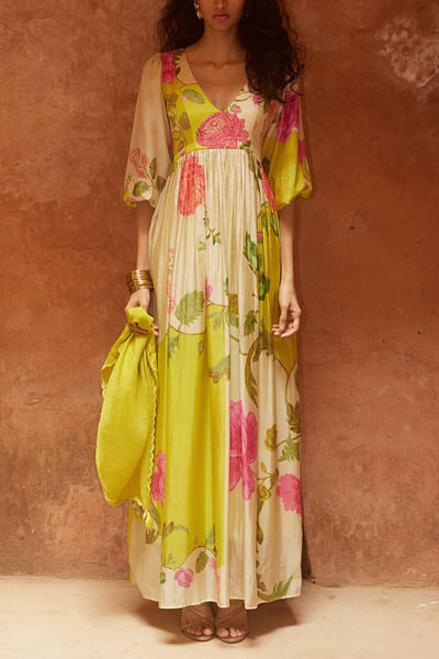 Lime yellow floral printed gathered maxi set