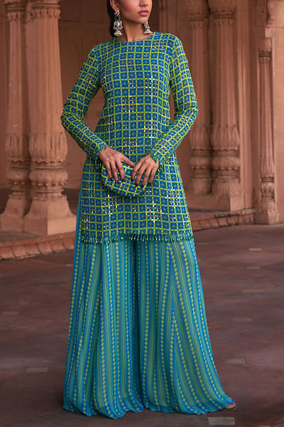Lime yellow grid pritned kurta set