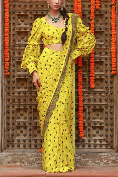 Lime yellow pre-draped sari set