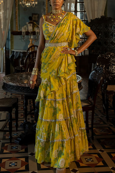 Lime yellow pre-stitched ruffle sari set