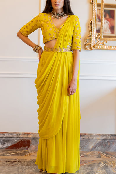 Lime yellow pre-stitched sari set