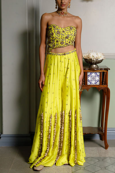 Lime yellow tasselled mukaish sharara set