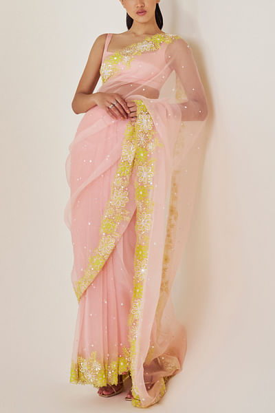 Lotus pink floral embroidered sari set