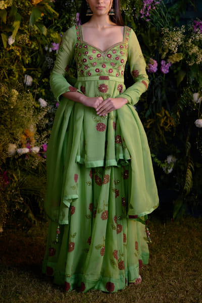 Shyam Narayan Prasad Macaw green floral block printed sharara set SNPMARD110