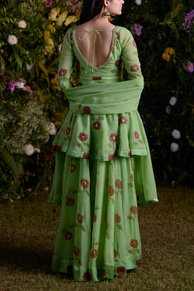 Shyam Narayan Prasad Macaw green floral block printed sharara set SNPMARD110
