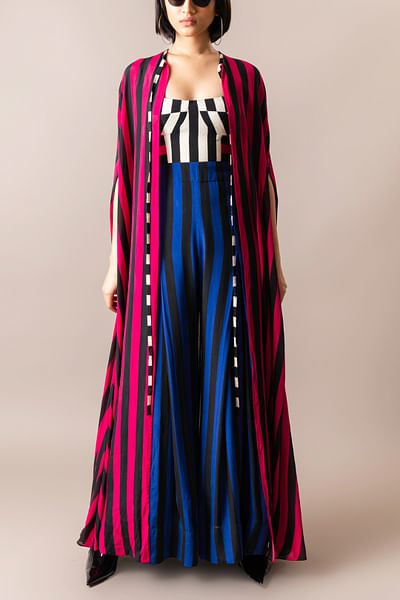 Magenta and cobalt striped cape and jumpsuit