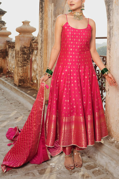 Magenta floral woven anarkali set
