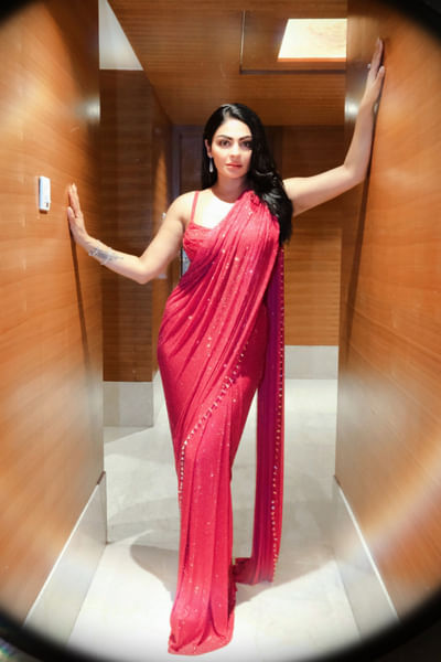 Magenta pink crystal pre-stitched sari set