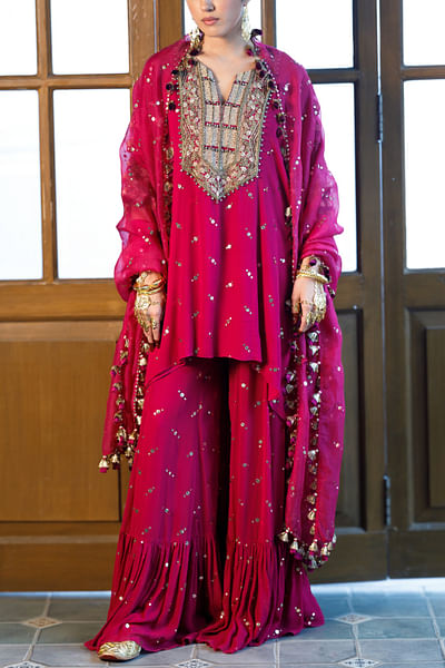 Magenta pink mukaish tiered sharara set