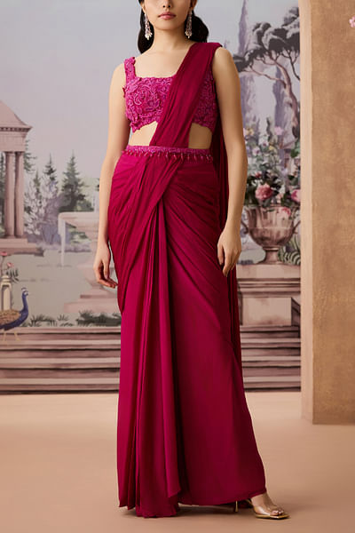 Magenta satin chiffon pre-draped sari set