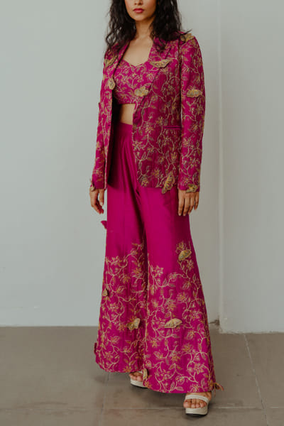 Majenta 3D butterfly embroidery jacket set