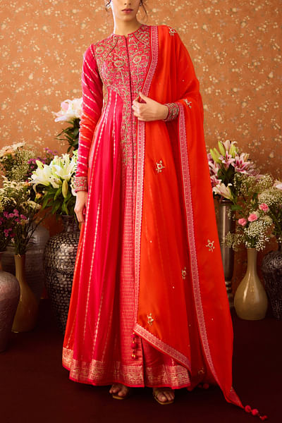 Mandarin maroon embroidered anarkali set