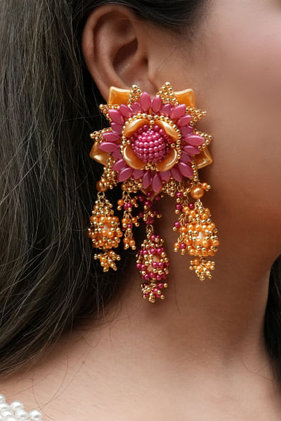 Mango and pink floral bead earrings
