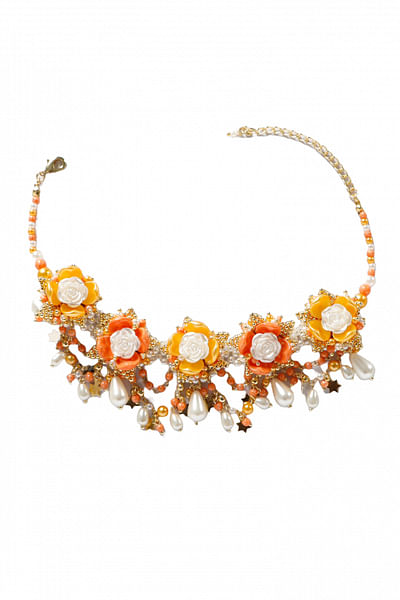 Mango and white floral pearl and bead choker