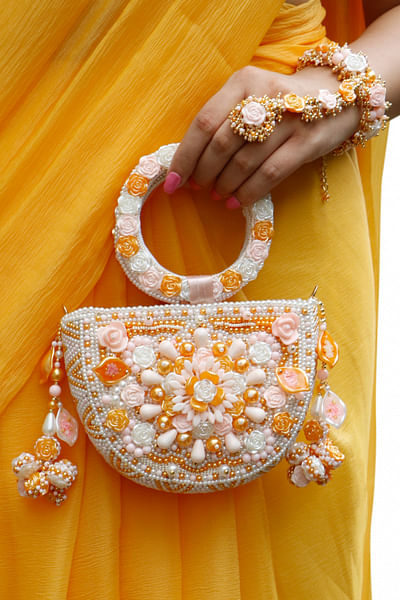 Mango and white floral pearl and bead handbag