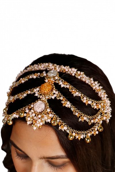 Mango and white floral pearl bead matha patti