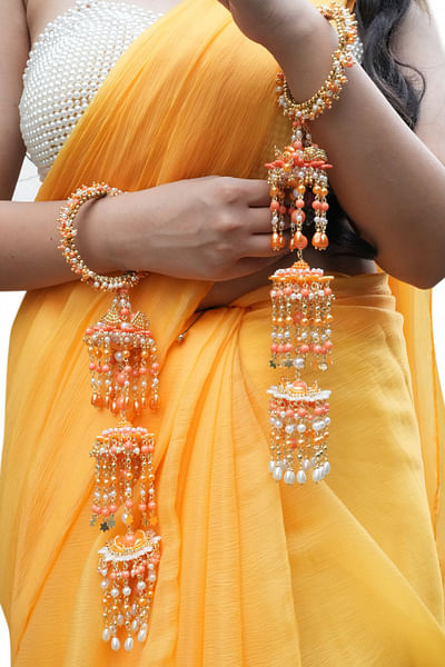 Mango and white pearl and bead kaleeras