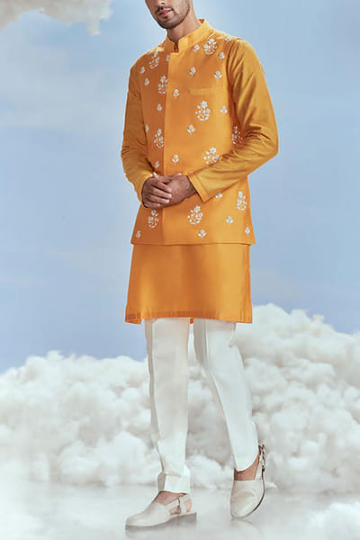 Nachiket Barve Mango floral embroidery bandi and kurta set NABFEB23D104
