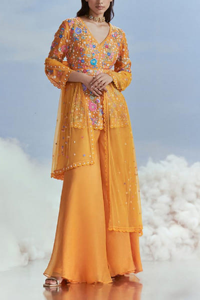 Nachiket Barve Mango floral embroidery peplum sharara set NABFEB24D213