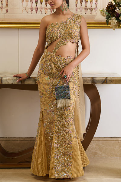 Marigold embroidered pre-draped skirt sari set