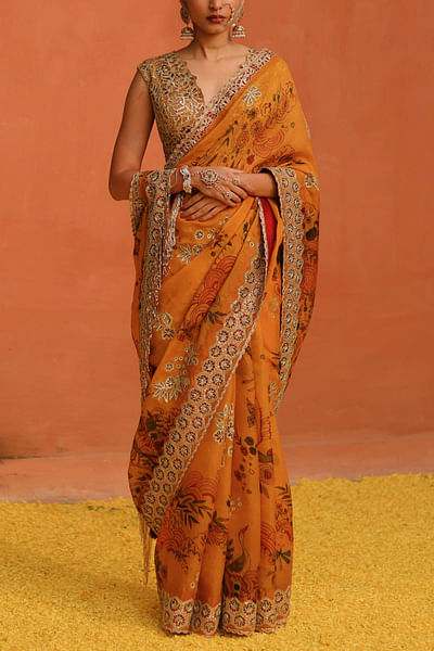Marigold kalamkari hand painted sari set