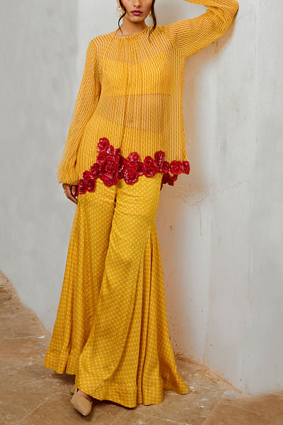 Marigold yellow 3D floral tunic set