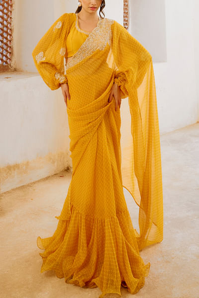Marigold yellow cutdana embellished sari set