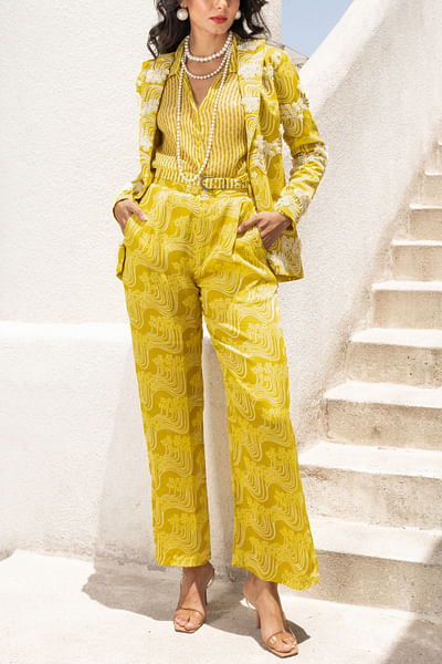 Marigold yellow wavy printed blazer set