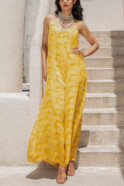 Marigold yellow wavy printed jumpsuit set