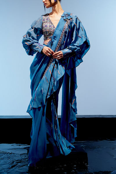 Marine blue ruffle pre-drape sari set