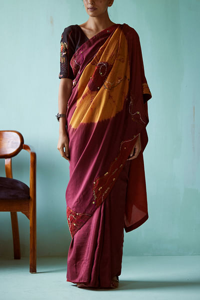 Maroon and mustard tie-dye embroidery sari set