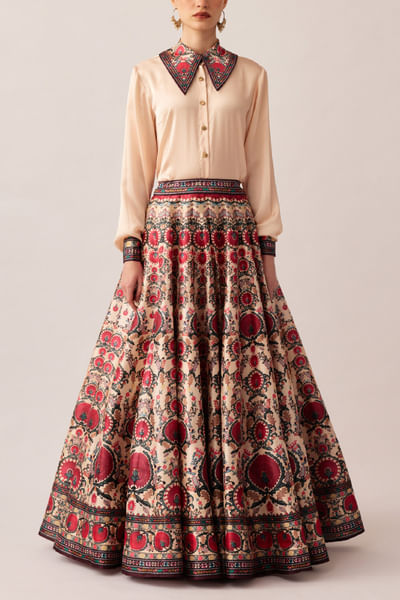 Maroon artisanal printed flared skirt set