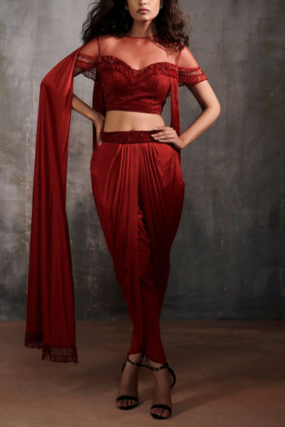 Maroon draped dhoti pants set