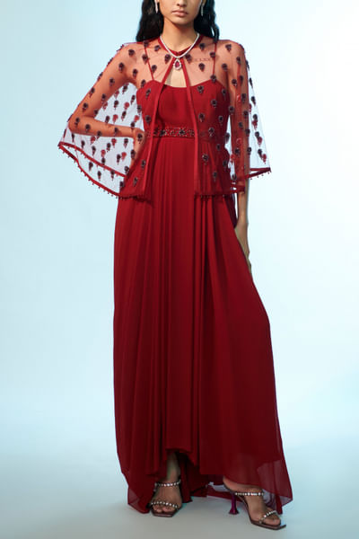 Maroon draped dress set