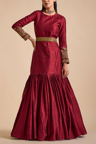 Maroon embellished tiered gown