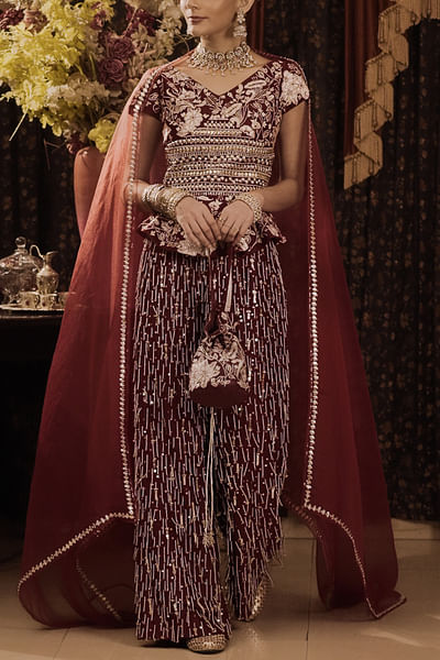 Maroon embroidered corset set